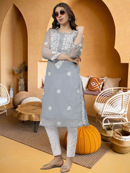 Seva Chikan - Hand Embroidered Grey Georgette Lucknowi Chikankari Kurta with Inner (Set of 2)