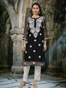 Seva Chikan - Hand Embroidered Black Georgette Lucknowi Chikankari Kurta with Inner (Set of 2)