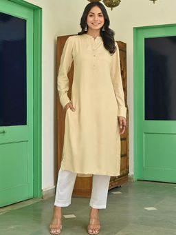 Lavanya The Label - Beige Rayon Solid Kurta With White Pants (Set of 2)