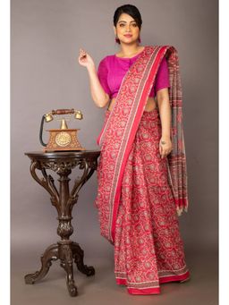 Unnati Silks - Red Pure Krisha Block Printed Cotton Saree with Unstitched Blouse
