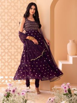 Indya Luxe - Sangria Purple Zari Embroidered Anarakali Kurta with Churidar and Dupatta (Set of 3)