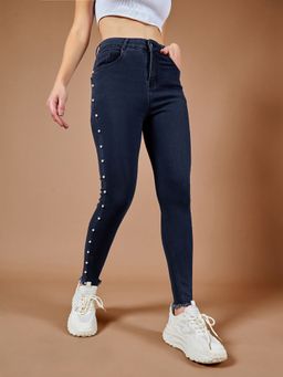 DOLCE CRUDO - Womens Navy Blue Skinny Fit Cropped High Rise Stretchable Denim Jeans
