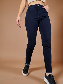 DOLCE CRUDO - Womens Navy Blue Mid Rise Solid Stretchable Denim Jeans