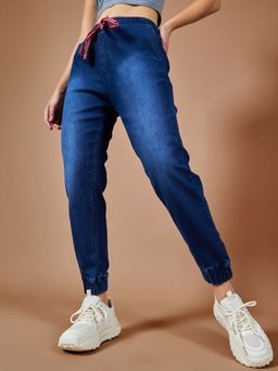 DOLCE CRUDO - Womens Navy Blue Solid Mid Rise Stretchable Denim Joggers