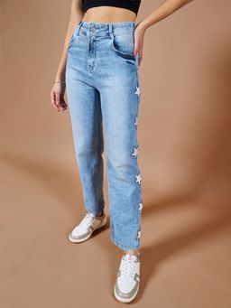 DOLCE CRUDO - Womens Light Blue Slim Fit High Rise Regular Stretchable Denim Jeans