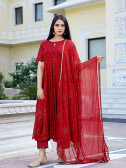 Baisacrafts - Maroon Chikankari Embroidery Anarkali kurta, Pant (Set of 3)