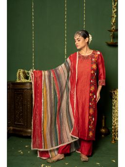 Punam Khetann - Maroon Pankhudi Kurta with Pant and Dupatta (Set of 3)