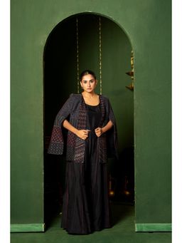 Punam Khetann - Black Boho Chic Ensemble Blazer with Crop Top and Palazzo (Set of 3)