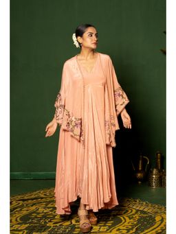 Punam Khetann - Peach Gulshan-E-Falak Dress with Cape (Set of 2)