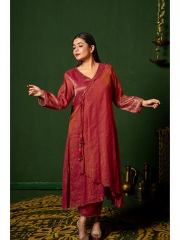 Punam Khetann - Red Chashm-E-Noor Angarkha Kurta with Pant (Set of 2)