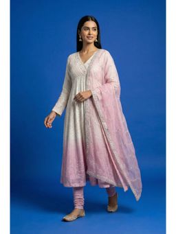 Wishful - Women's White Ombre Sequinned Embroidered Anarkali Kurta With Churidar & Dupatta