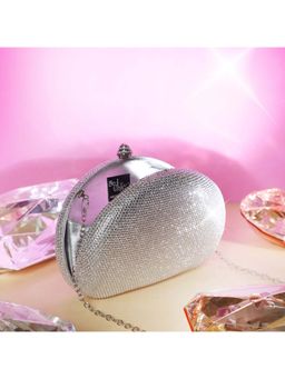 BE CHIC - Women Silver Crystal Clutch with Detachable chain