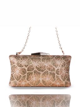 BE CHIC - Women Gold Glided Petals Crystal Clutch with Detachable chain