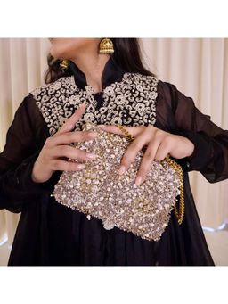 BE CHIC - Women Gold Jaipur Clutch with Detachable chain