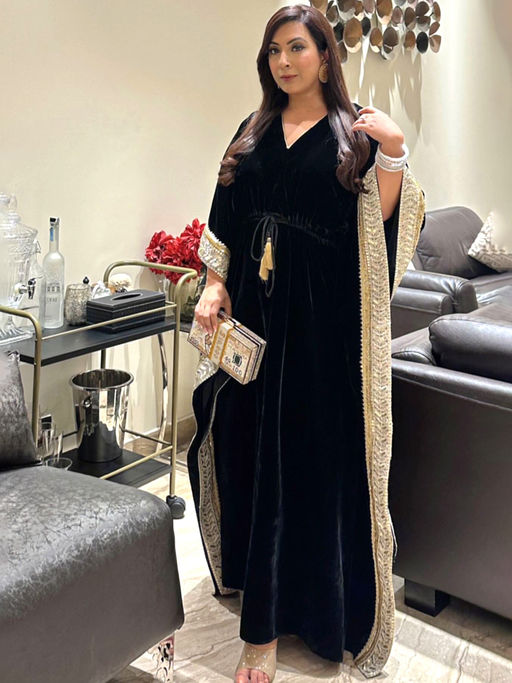 Buy First Resort by Ramola Bachchan Black Silk Velvet Maxi Kaftan Dress  with Gold Lace Detail Online