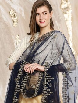 Dupatta Bazaar - Women's Embroidered & Embellished Navy Blue Net Dupatta