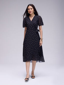 Twenty Dresses by Nykaa Fashion - Black Chiffon V Neck Ruffled Hem Tie Up Wrap Midi Dress