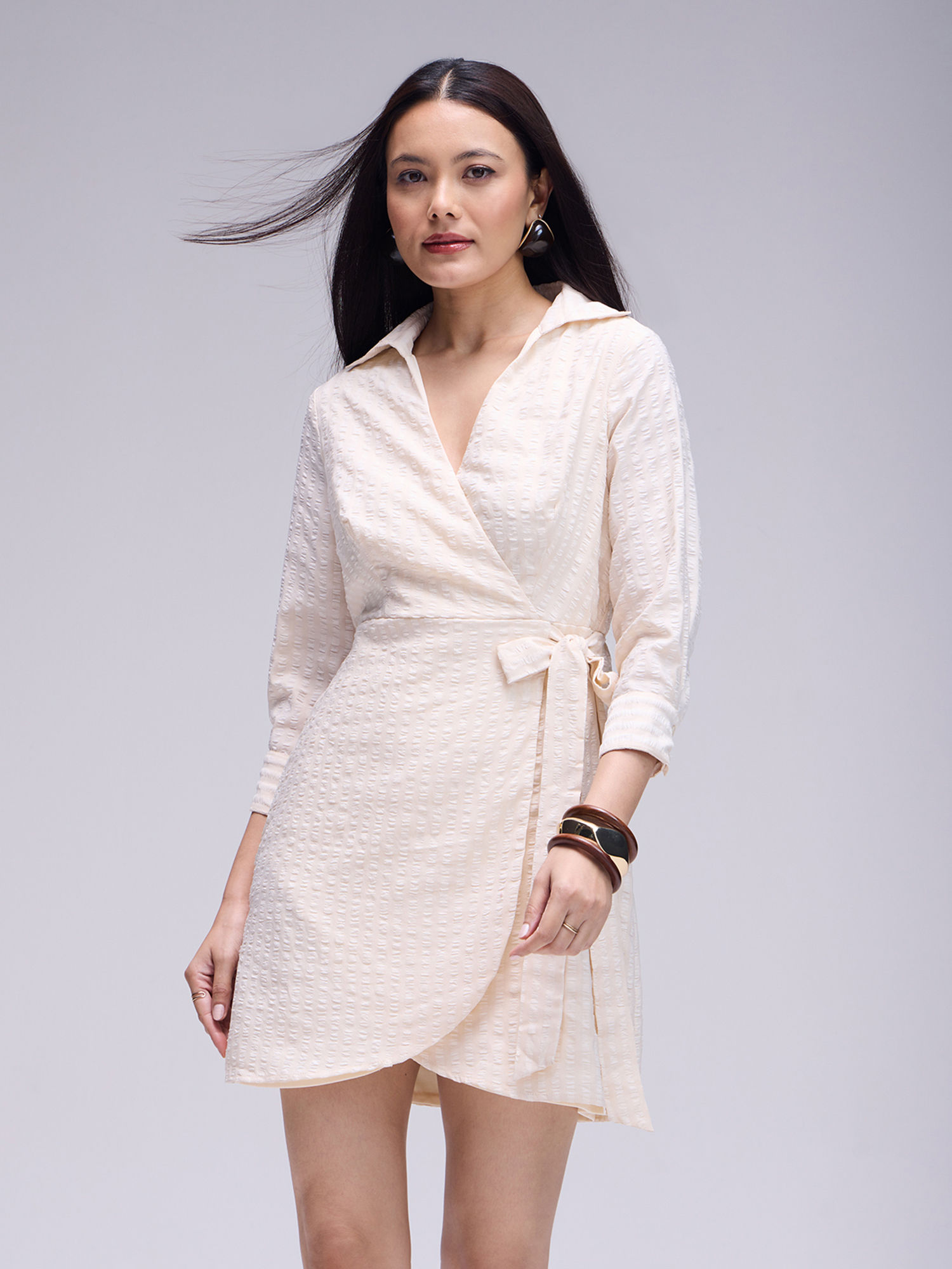 Cream Collared Buttoned Down Wrap Mini Dress-picture-25