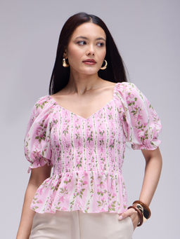 Twenty Dresses by Nykaa Fashion - Multicolour Wide Neck Puff Sleeves Peplum Top