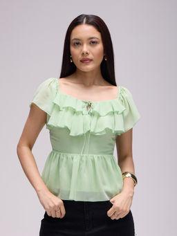 Twenty Dresses by Nykaa Fashion - Light Green Ruffled Front Tie Up Peplum Top