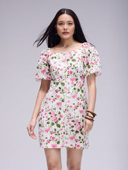 Twenty Dresses by Nykaa Fashion - Multicolour Floral Wide Neck Puff Sleeves Mini Dress