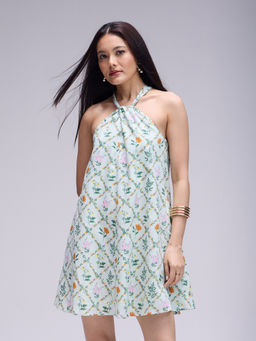 Twenty Dresses by Nykaa Fashion - Green Halter Neck Tie Up Back Mini Dress