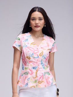 Twenty Dresses by Nykaa Fashion - Multi-Color V Neck Short Sleeves Paisley Printed Top