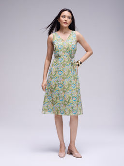 Twenty Dresses by Nykaa Fashion - Green V Neck Sleeveless Midi Dress with Rope Belt