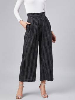 Marie Claire - Women Casual Black Colour Striped Regular Trousers