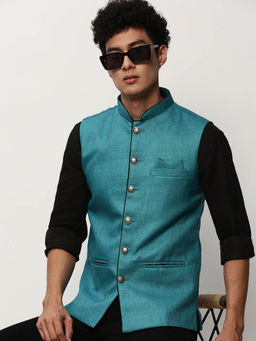 SHOWOFF - Mens Solid Blue Nehru Jackets