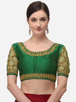 Amrutam Fab - Womens Embroidered Green Phantom Silk Stiched Blouse With Round Neck