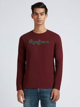 Pepe Jeans - Burgundy Solid Print Full Sleeved T-Shirt