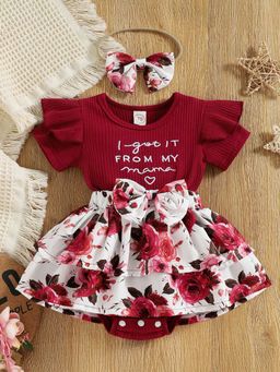 Hopscotch - Girls Maroon Text Print Onesies with Headband