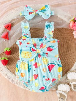 Hopscotch - Girls Light Blue Fruit Print Onesie with Headband