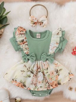 Hopscotch - Girls Green Floral Print Ruffled Onesie with Headband