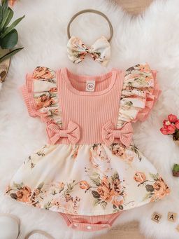 Hopscotch - Girls Peach Floral Print Ruffled Onesie with Headband