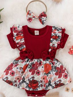 Hopscotch - Girls Red Floral Print Ruffled Onesie with Headband