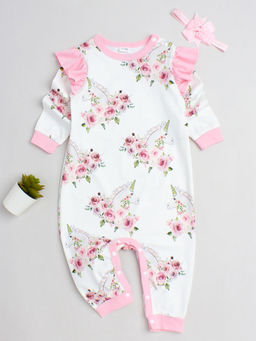 Hopscotch - Girls White Full-Sleeve Floral Print Bodysuit with Headband