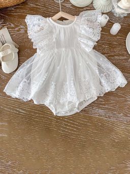 Hopscotch - Girls White Floral Embroidered Onesie