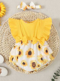 Hopscotch - Girls Yellow and White Floral Print Onesie with Hairband