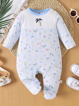 Hopscotch - Boys Blue and White Tropical Print Full-Sleeve Footies with Bact Shield