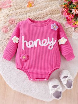 Hopscotch - Girls Pink Floral Applique Full-Sleeve Onesie