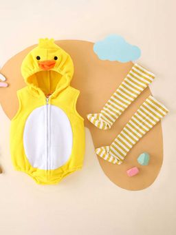 Hopscotch - Boys Yellow and White Duck Applique Sleeveless Onesie with Pair Of Socks