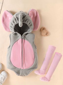 Hopscotch - Boys Grey and Pink Elephant Applique Sleeveless Hooded Onesie with Pair Of Socks