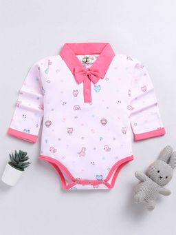 Hopscotch - Girls Pink All-Over Print Bow Applique Onesie