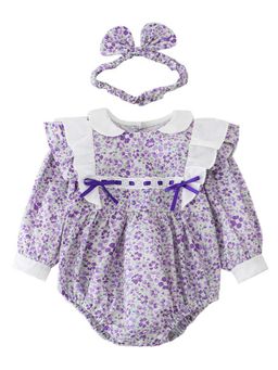 Hopscotch - Girls Purple Floral Print Full-Sleeve Onesie with Headband