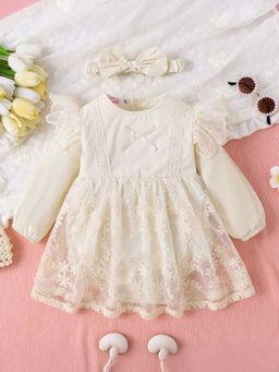 Hopscotch - Girls Cream Floral Embroidered Full-Sleeve Onesie with Headband