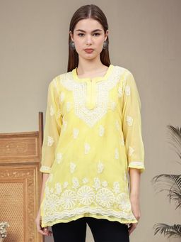 Seva Chikan - Hand Embroidered Yellow Georgette Lucknowi Chikankari Kurti with Inner (Set of 2)