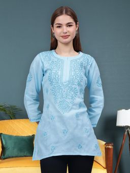 Seva Chikan - Hand Embroidered Blue Cotton Lucknowi Chikankari Kurti