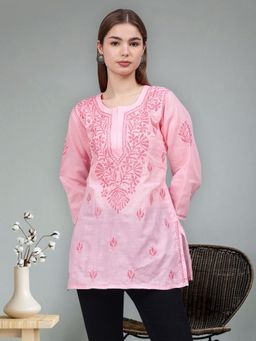 Seva Chikan - Hand Embroidered Pink Cotton Lucknowi Chikankari Kurti